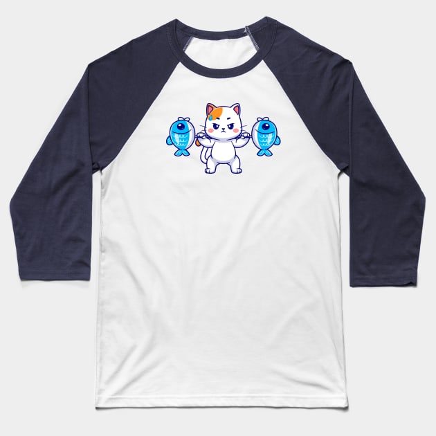 Cute Cat Lifting Fish Barbell Cartoon Baseball T-Shirt by Catalyst Labs